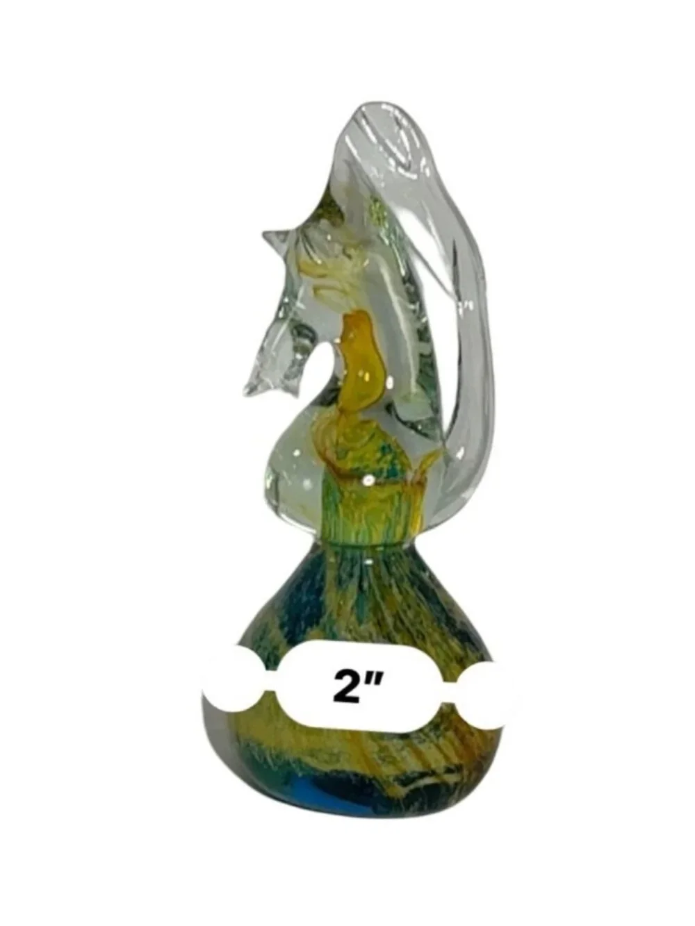 Art Glass SeaHorse Sculpture With Yellow & Blue Swirl Signed Mdina